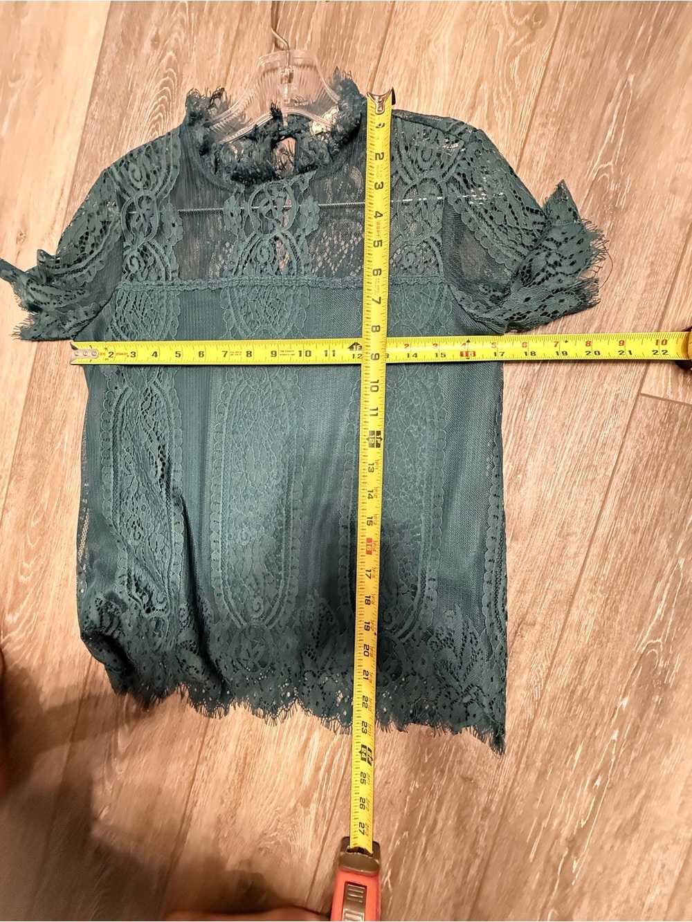 #19) Eyeshadow Lace High-Neck Short Sleeve Top - Teal Green - Picture 3 of 5